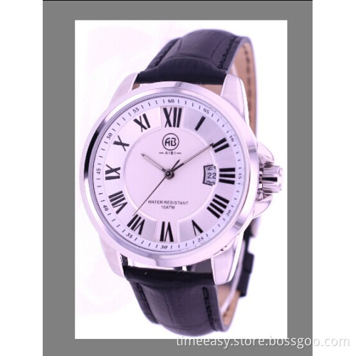 Genuine Black Leather Watch with Plating Silver Case